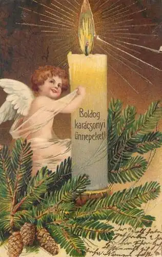 Hungary angel cupid Christmas greetings 1904 damaged postcard