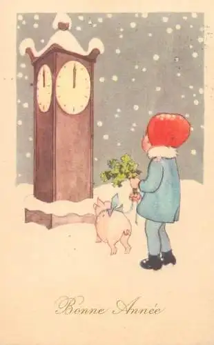 New Year greetings postcard cochon porte bonheur