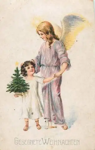 Drawn angel Christmas greetings (damaged postcard)