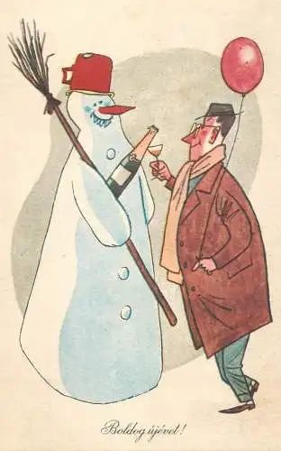 New Year Hungary greetings man caricature cheers champagne with snowman