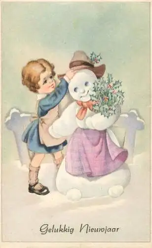 New Year drawn girl and snowman greetings postcard