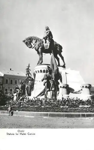 Postcard Romania Cluj-Napoca statuia lui Matei Corvin Piata Libertatii