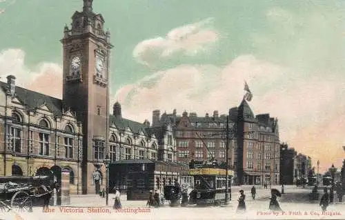 Postcard United Kingdom England Nottingham the Victoria Station clocktower and tram