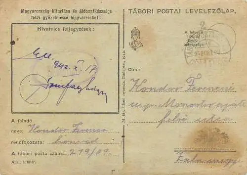 Hungary WW2 Correspondence Military Postal Stationery Card Kelt 1942