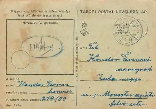 Hungary WW2 Correspondence Military Postal Stationery Card Kelt 1942