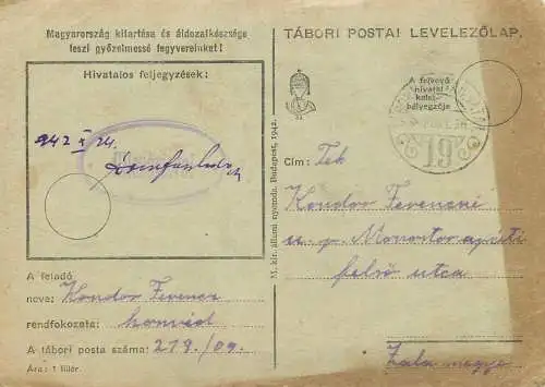 Hungary WW2 Correspondence Military Postal Stationery Card Kelt 1942