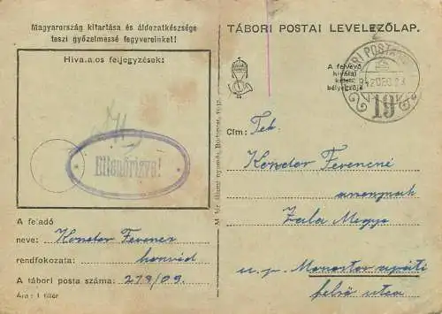 Hungary WW2 Correspondence Military Postal Stationery Card Kelt 1942
