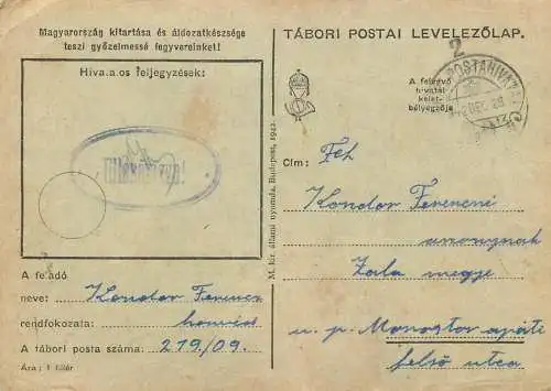 Hungary WW2 Correspondence Military Postal Stationery Card Kelt 1942