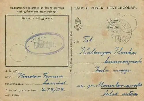 Hungary WW2 Correspondence Military Postal Stationery Card Kelt 1942