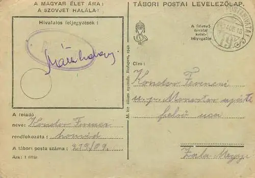 Hungary WW2 Correspondence Military Postal Stationery Card Kelt 1942