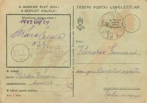 Hungary WW2 Correspondence Military Postal Stationery Card Kelt 1942
