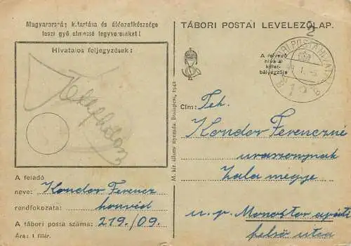 Hungary WW2 Correspondence Military Postal Stationery Card Kelt 1943