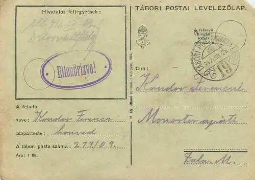 Hungary WW2 Correspondence Military Postal Stationery Card Kelt 1942