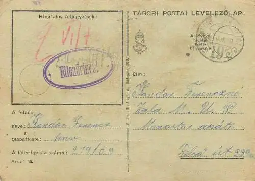 Hungary WW2 Correspondence Military Postal Stationery Card Kelt 1942