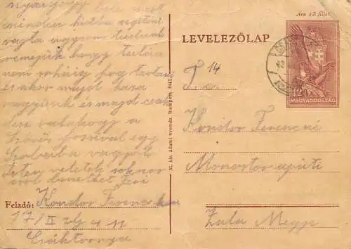 Hungary WW2 Correspondence Military Postal Stationery Card Kelt 1942