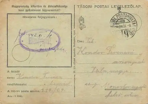 Hungary WW2 Correspondence Military Postal Stationery Card Kelt 1942