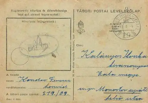Hungary WW2 Correspondence Military Postal Stationery Card Kelt 1943