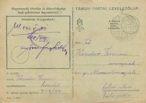 Hungary WW2 Correspondence Military Postal Stationery Card Kelt 1942