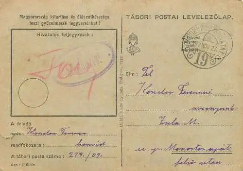 Hungary WW2 Correspondence Military Postal Stationery Card Kelt 1942
