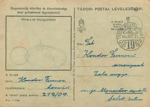 Hungary WW2 Correspondence Military Postal Stationery Card Kelt 1942