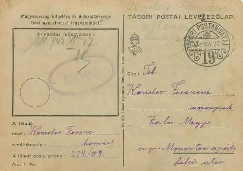 Hungary WW2 Correspondence Military Postal Stationery Card Kelt 1942