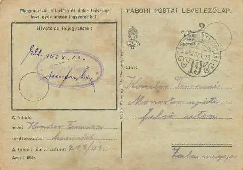 Hungary WW2 Correspondence Military Postal Stationery Card Kelt 1942