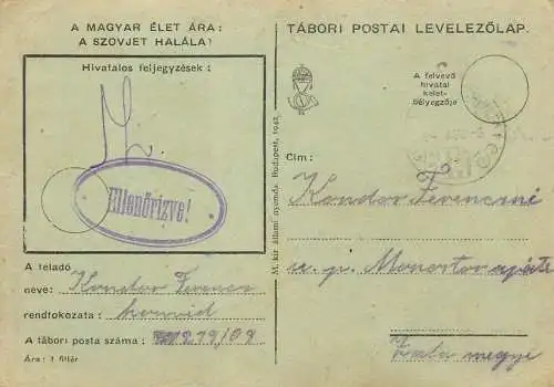 Hungary WW2 Correspondence Military Postal Stationery Card Kelt 1942
