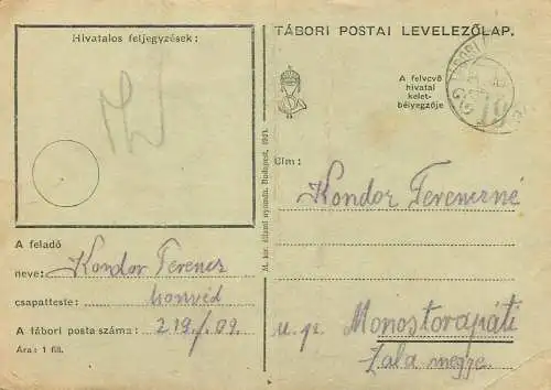 Hungary WW2 Correspondence Military Postal Stationery Card Kelt 1942