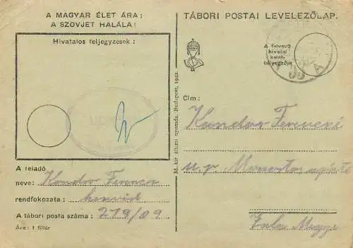 Hungary WW2 Correspondence Military Postal Stationery Card Kelt 1942