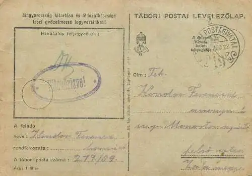 Hungary WW2 Correspondence Military Postal Stationery Card 1942