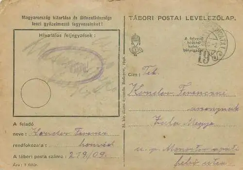 Hungary WW2 Correspondence Military Postal Stationery Card 1942