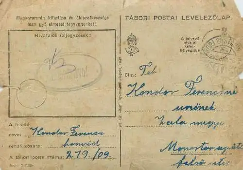 Hungary WW2 Correspondence Military Postal Stationery Card Holt 7th of january 1948