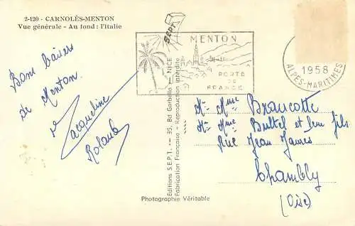 Postcard France Carnoles Menton Italy border