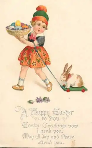 Happy Easter greetings lovely drawn girl with penciled eggs and bunny rabbit