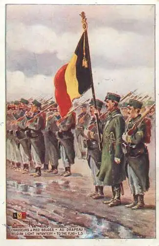 Bon point patriotique souvenir de la patrie a l`ecole guerre 1914-1916 Belgian light infantery to the flags