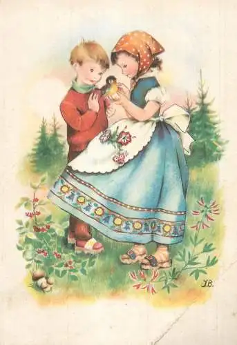 Illustratore drawn children couple with bird