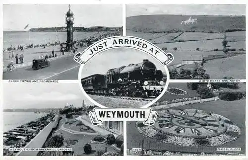 Postcard United Kingdom England Weymouth, Dorset clocktower train