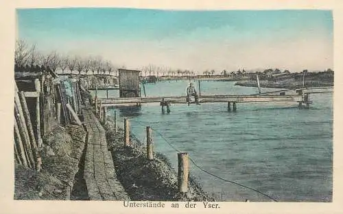 Trench shelters on the banks of the Isar, soldier sitting on makeshift bridge