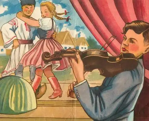 Drawn violinist dance folk types old paper 17 x 21 cm