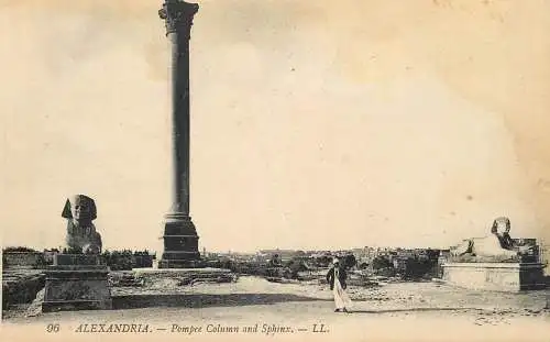 Postcard Egypt Alexandria Pompee Column and Sphinx