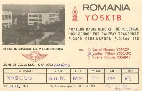 Romania radio amateur QSL card Y05KTB KN16TS Pista