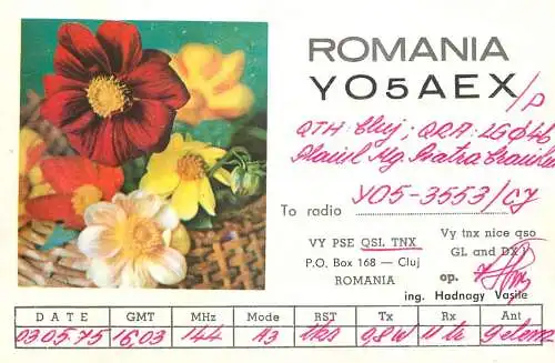 Romania radio amateur QSL card Y05AEX Cluj Hadnagy Vasile