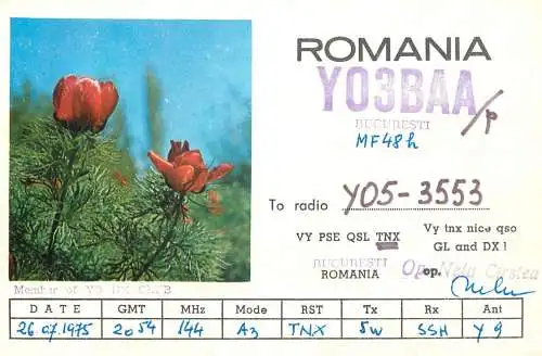 Romania radio amateur QSL card Y03BAA Bucharest MF48H Nelu Cristea