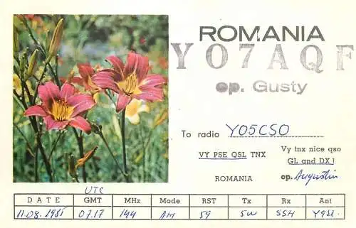 Romania radio amateur QSL card Y07AQF op Gusty