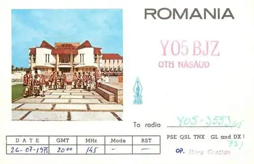 Romania radio amateur QSL card Y05BJZ Nasaud Hora Gratian