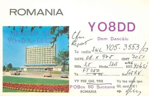 Romania radio amateur QSL card YO8DD Dem Dascalu