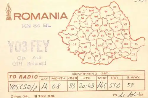 Romania radio amateur QSL card Y03FEY Bucuresti op. Adi