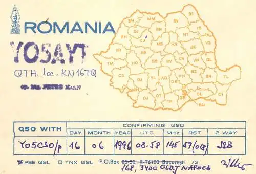 Romania radio amateur QSL card Y05AYT Petre Ioan Cluj Napoca