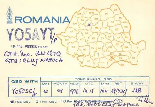 Romania radio amateur QSL card Y05AYT Petre Ioan Cluj Napoca