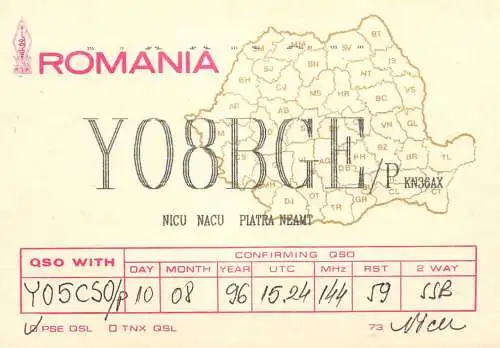 Romania radio amateur QSL card Y08BGE Nicu Nacu Piatra Neamt